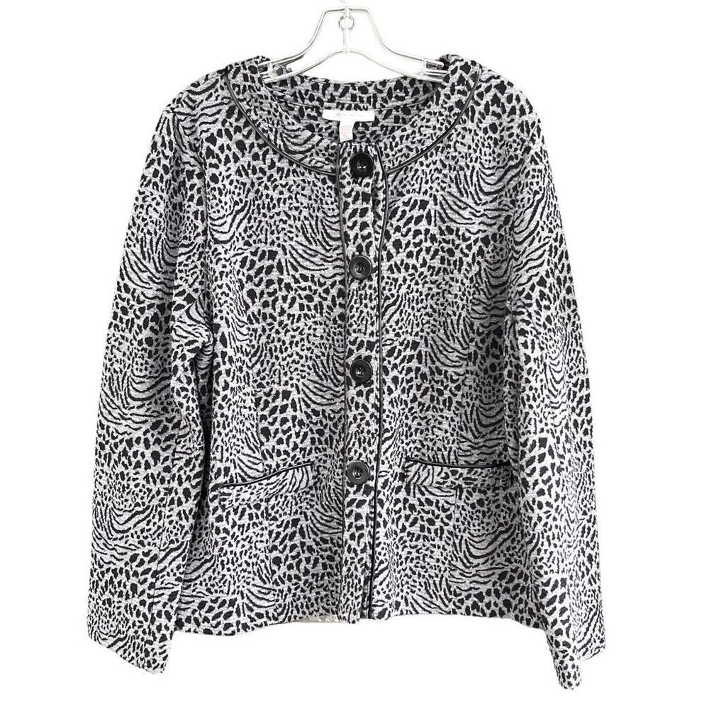 Vintage Black Gray Animal Cat Cheetah Leopard Print Cardigan Sweater Size Large